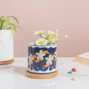Bloom Fiesta Botanical Planter Blue With Wooden Coaster