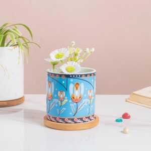 Cerulean Leaf Bloom Planter With Wooden Coaster