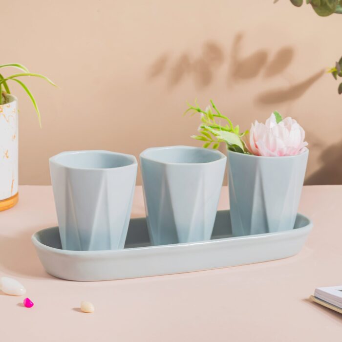 Ternion Textured Planter Set Of 3 With Plate Blue Grey