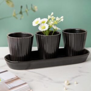 Ternion Ribbed Planter Set Of 3 Black With Plate