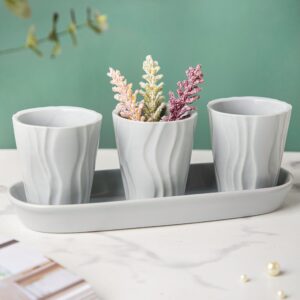 Ternion Wavy Textured Planter Set Of 3 With Plate Grey