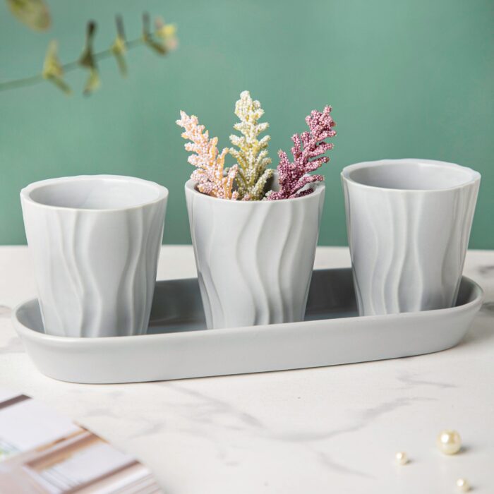 Ternion Wavy Textured Planter Set Of 3 With Plate Grey