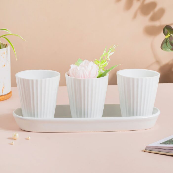 Ternion Ribbed Planter Set Of 3 With Plate White
